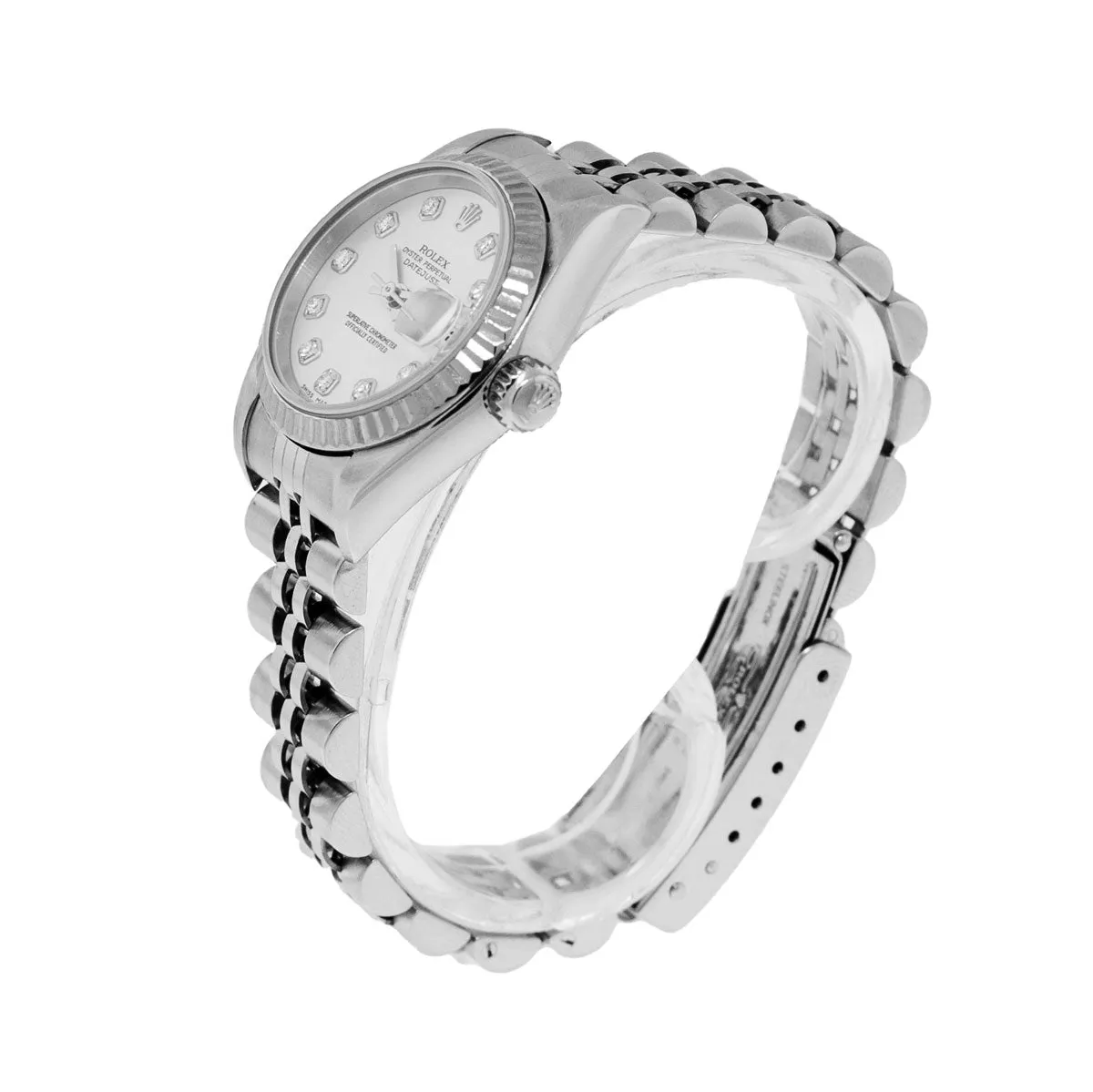 Rolex Lady-Datejust 26mm 18K White Gold and Stainless Steel Silver Diamond Dial Fluted Bezel 79174