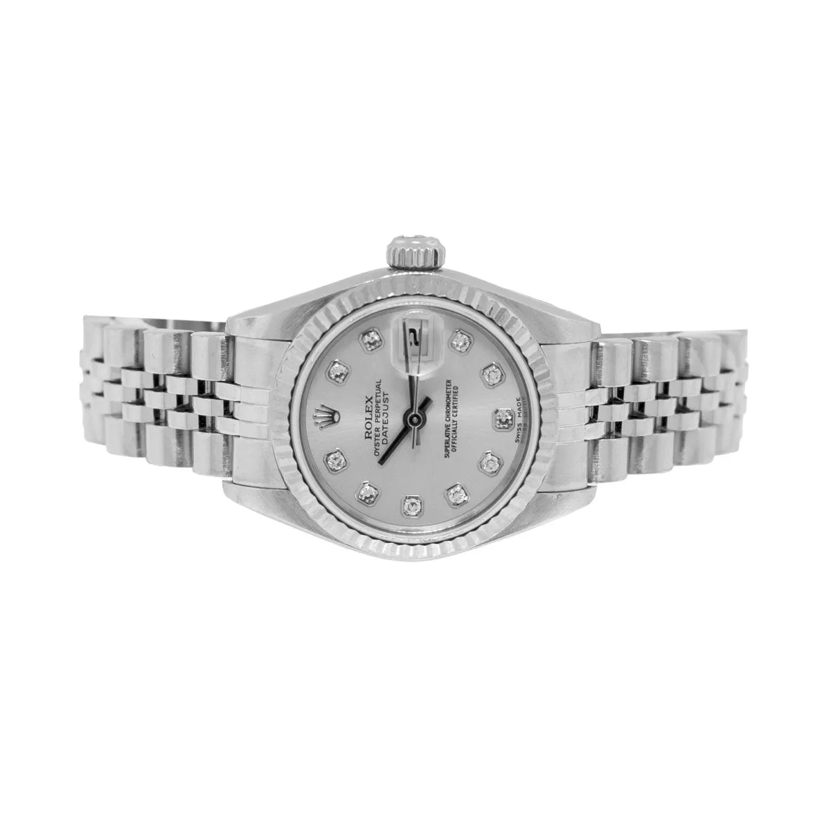 Rolex Lady-Datejust 26mm 18K White Gold and Stainless Steel Silver Diamond Dial Fluted Bezel 79174