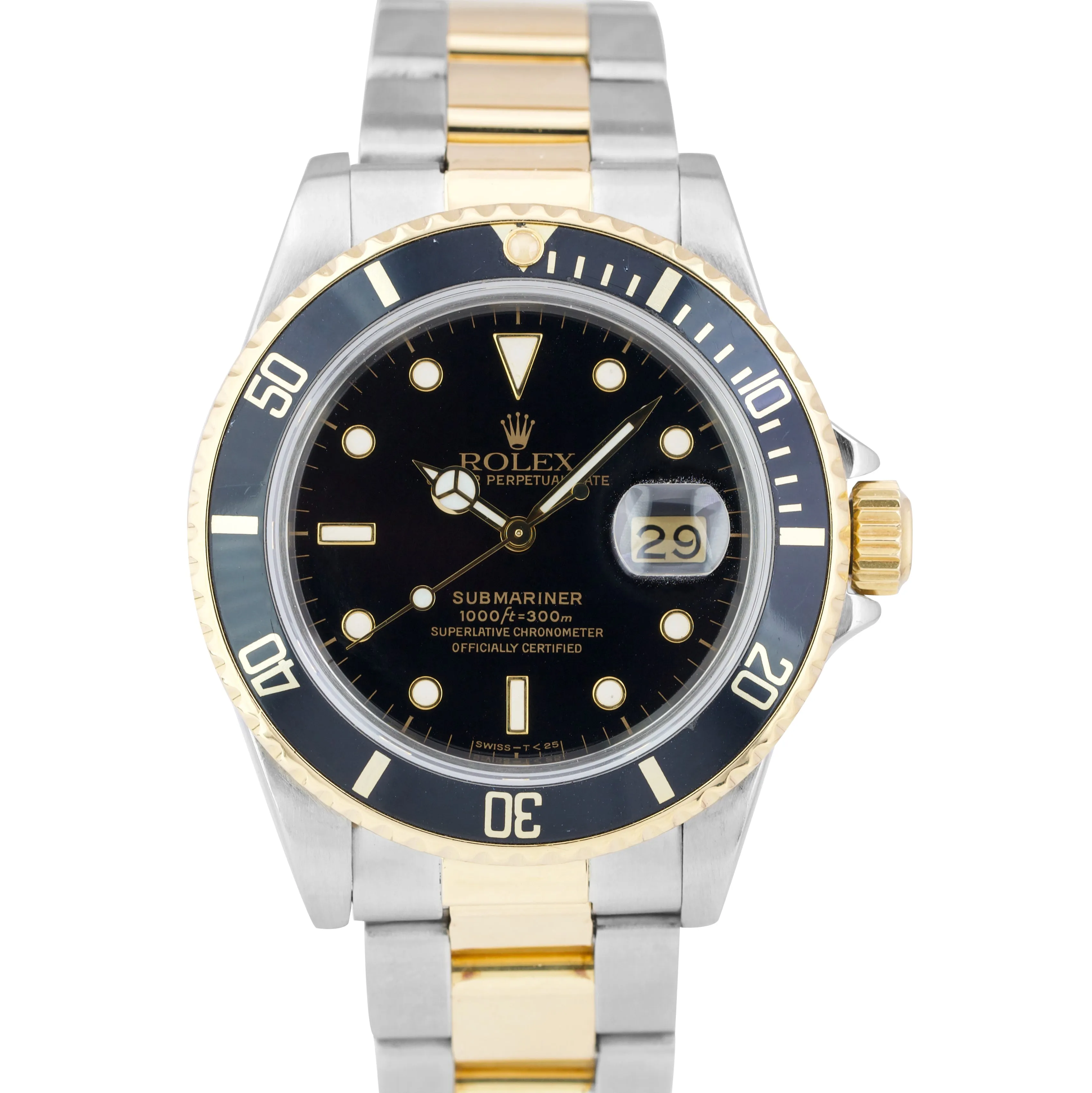 Rolex Submariner Date 18K Two-Tone Gold Steel Black 40mm Watch 16803 BOX PAPERS
