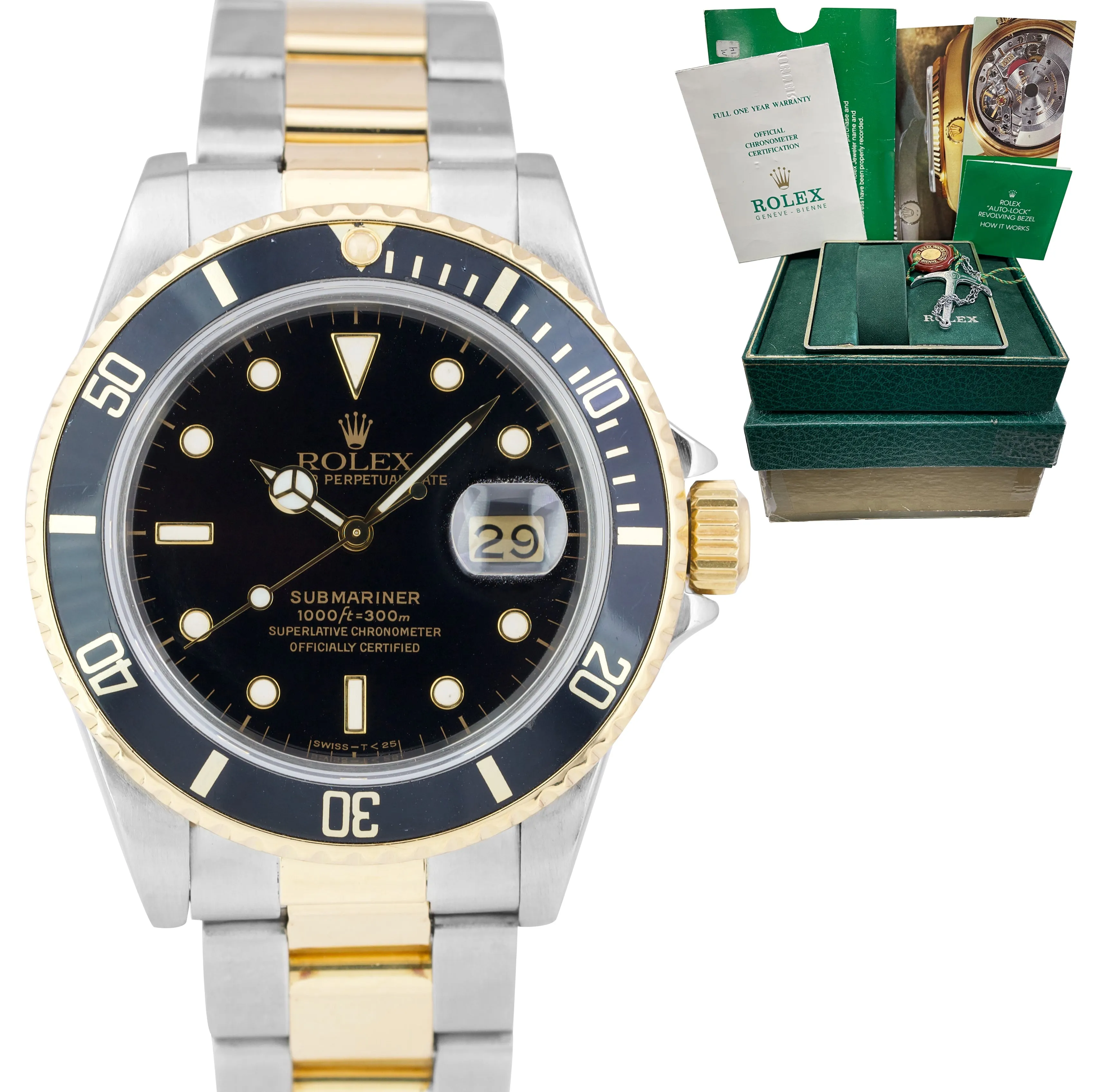 Rolex Submariner Date 18K Two-Tone Gold Steel Black 40mm Watch 16803 BOX PAPERS