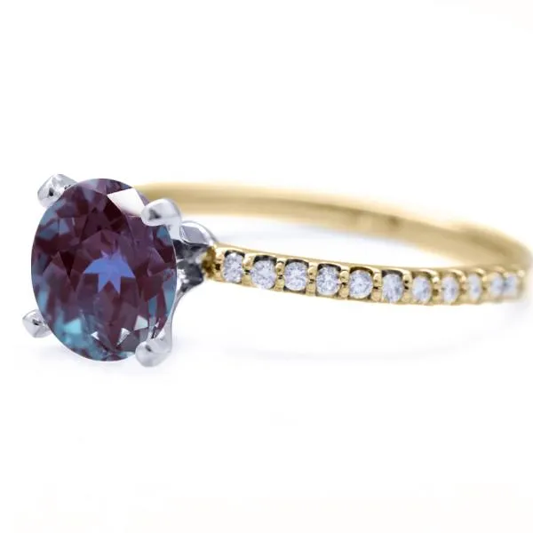 Round Alexandrite 4 Prongs Diamond Accent Ice Solitaire Ring