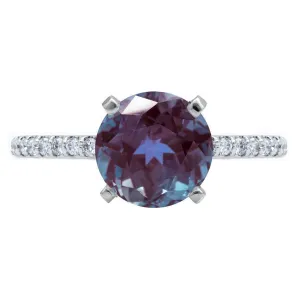 Round Alexandrite 4 Prongs Diamond Accent Ice Solitaire Ring