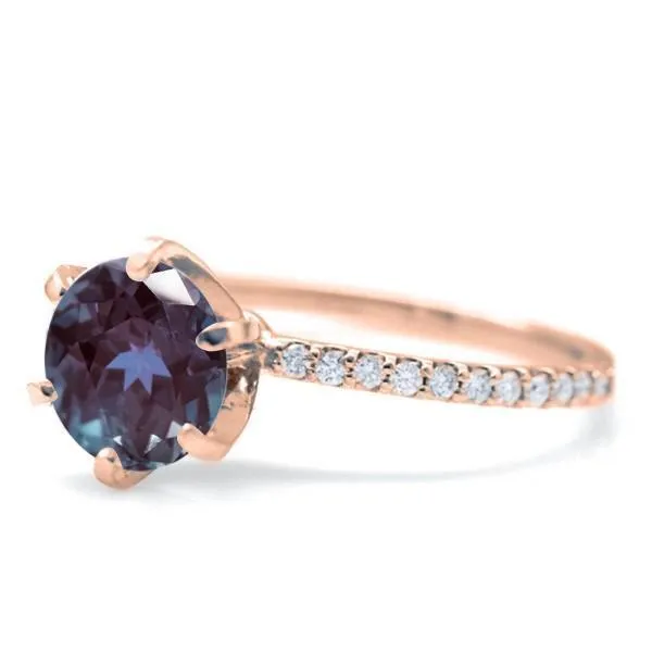 Round Alexandrite 4 Prongs Diamond Accent Ice Solitaire Ring