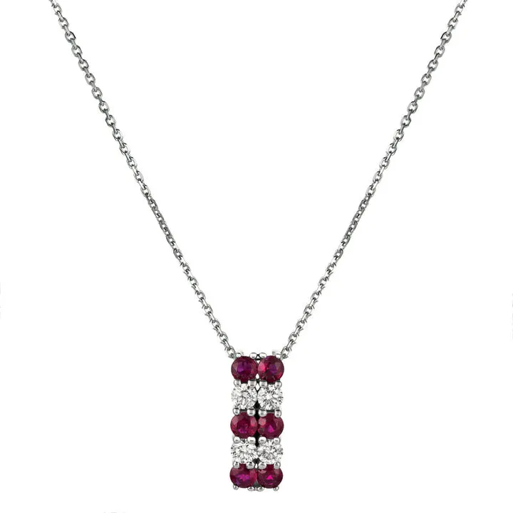 Ruby & Diamond 2 Rows Necklace 14K White Gold (1.3 Ctw)