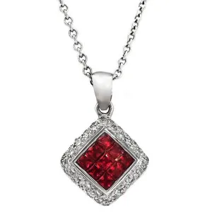 Ruby And Pave Diamond Halo Pendant Necklace, 18k White Gold