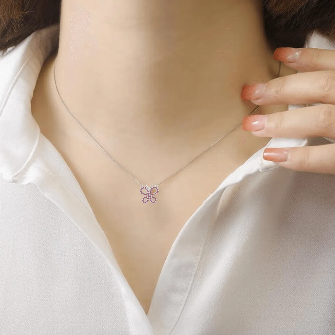 Ruby Butterfly Rhodium Plated Necklace