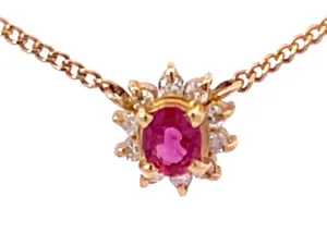 Ruby Diamond Halo Necklace in 18k Yellow Gold