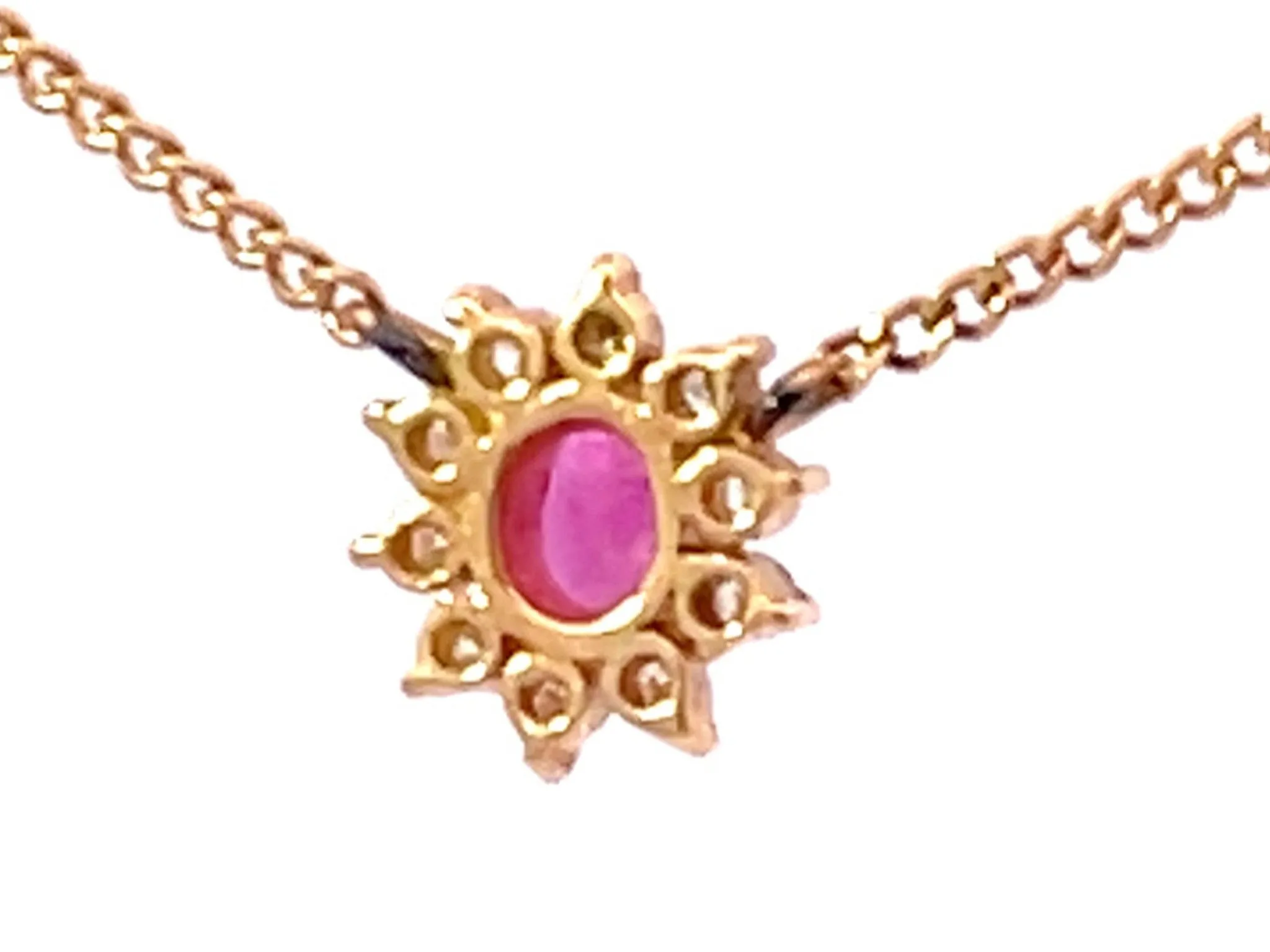 Ruby Diamond Halo Necklace in 18k Yellow Gold