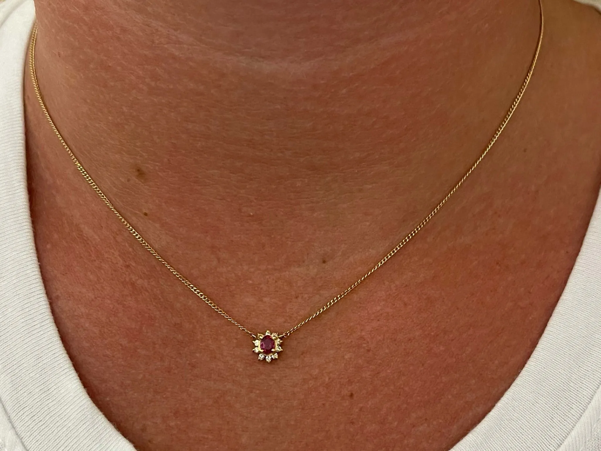Ruby Diamond Halo Necklace in 18k Yellow Gold