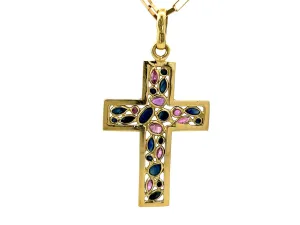 Sapphire Ruby Cross Pendant and Chain Solid 18k Yellow Gold