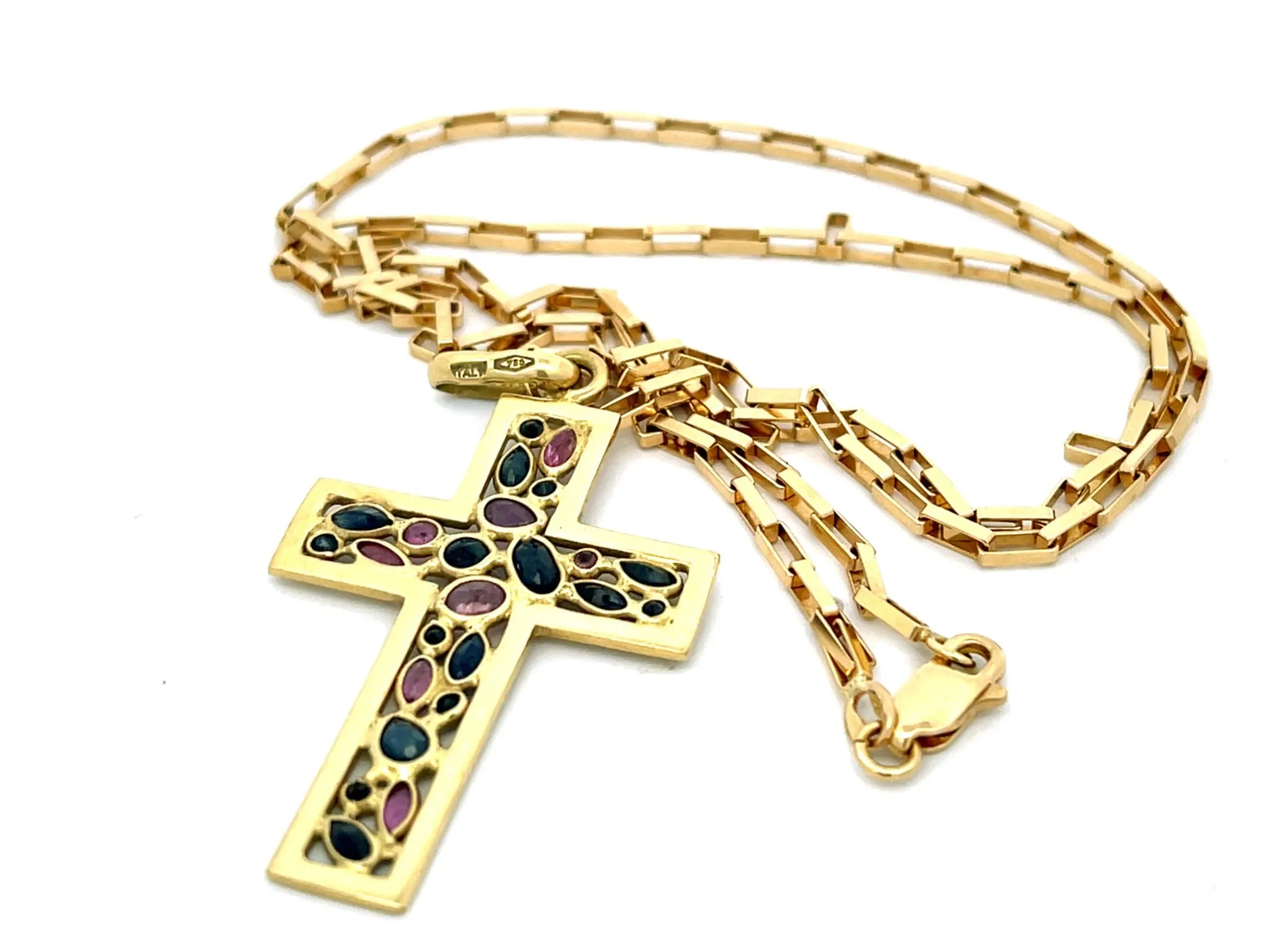 Sapphire Ruby Cross Pendant and Chain Solid 18k Yellow Gold