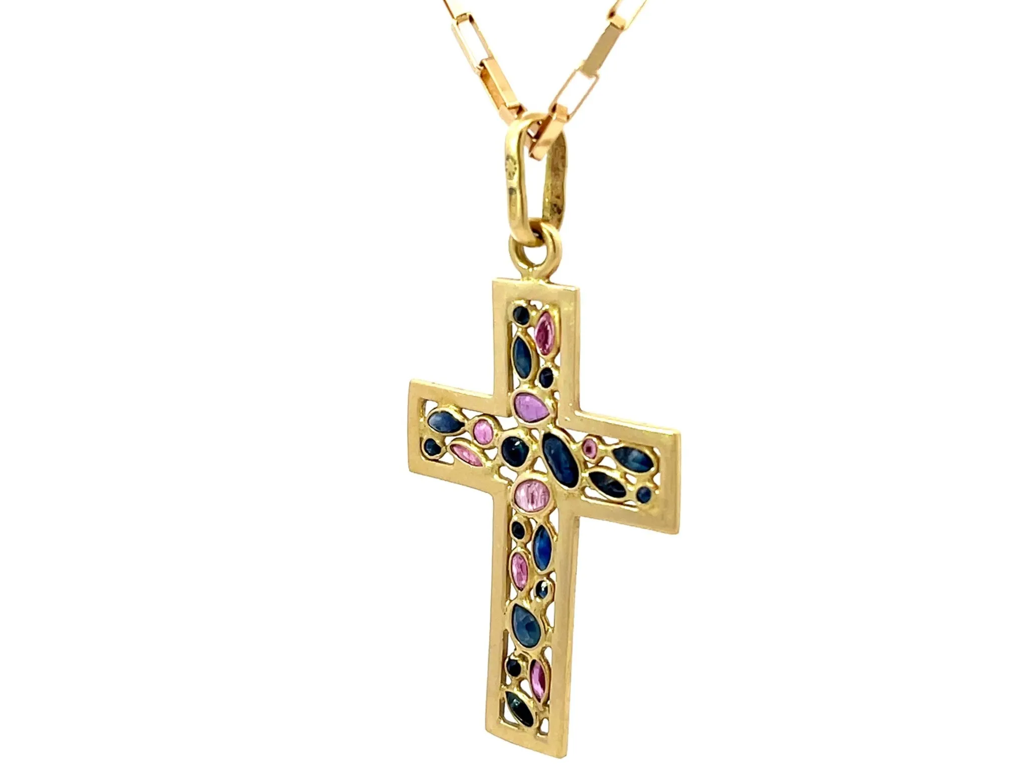 Sapphire Ruby Cross Pendant and Chain Solid 18k Yellow Gold