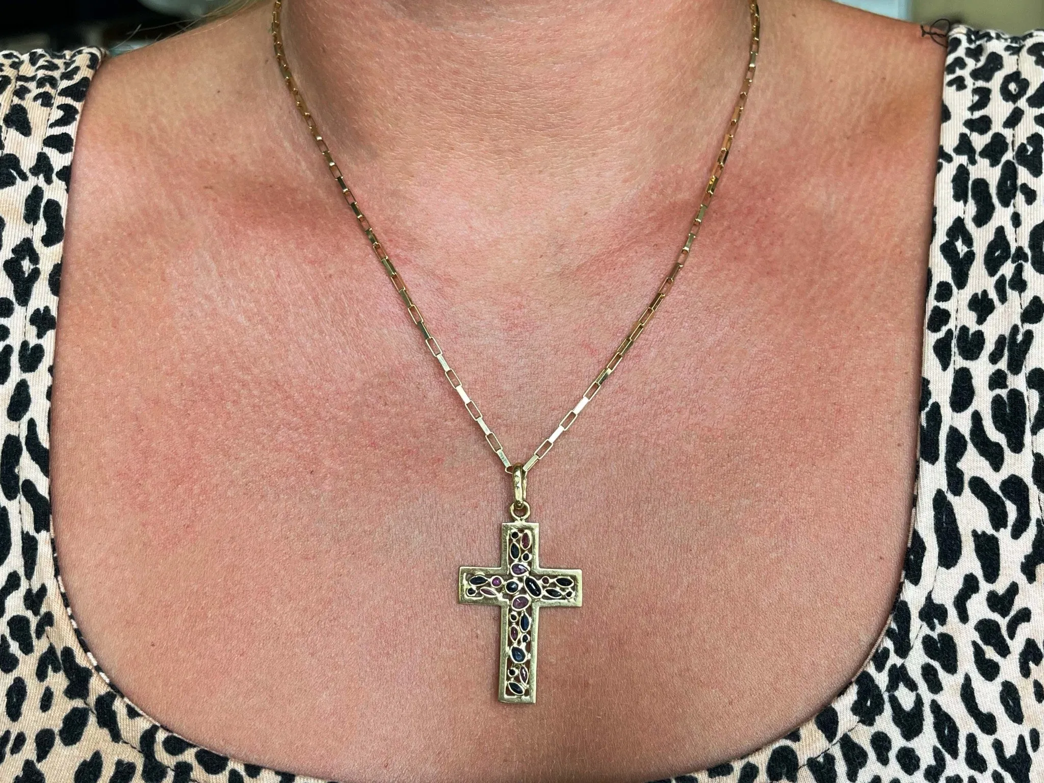 Sapphire Ruby Cross Pendant and Chain Solid 18k Yellow Gold