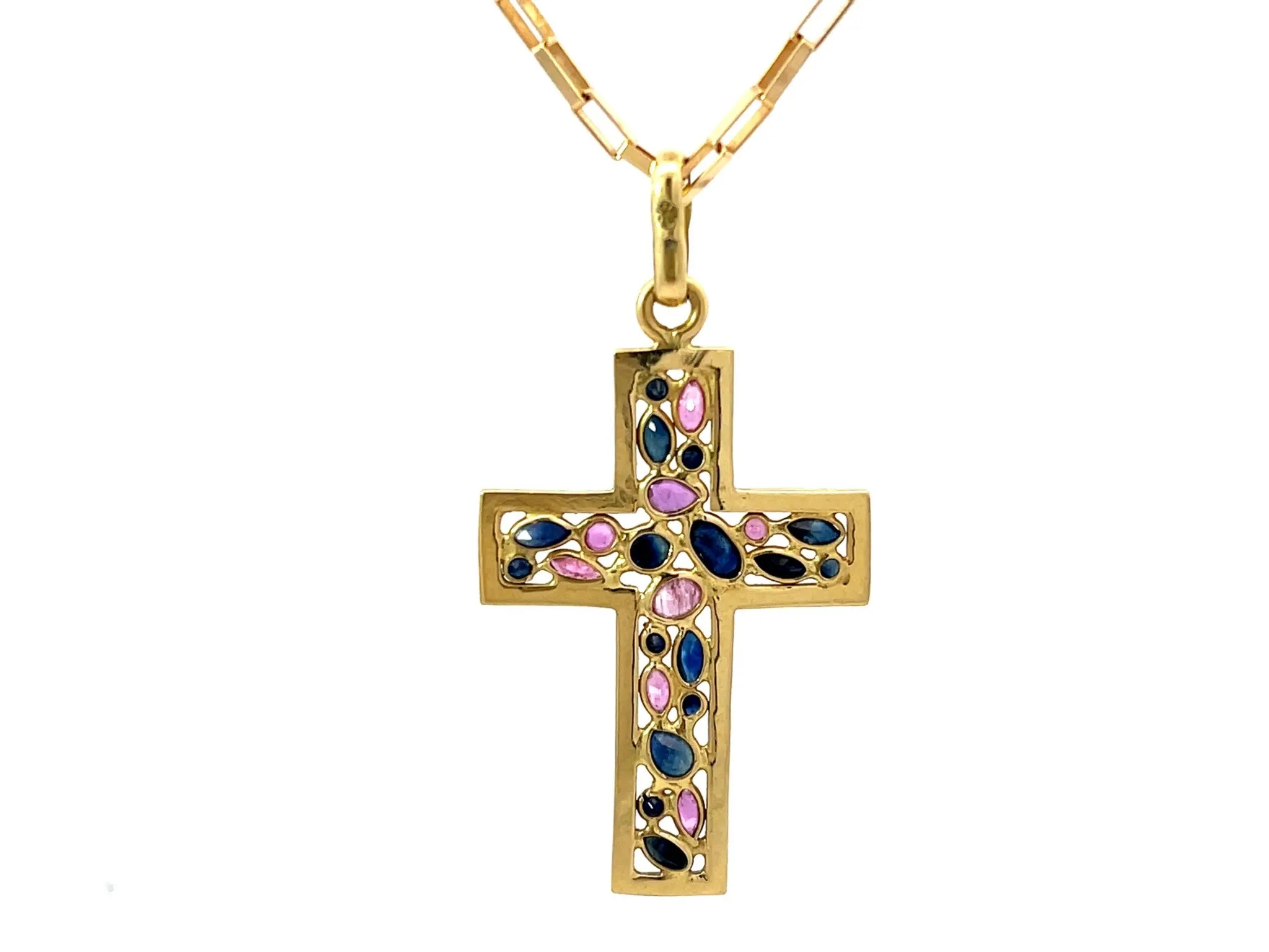 Sapphire Ruby Cross Pendant and Chain Solid 18k Yellow Gold
