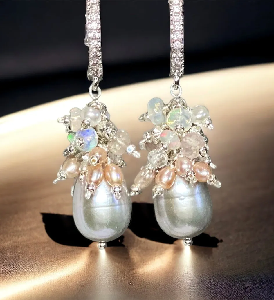 Silver Gray Pearl Earrings with Opal Clusters Sterling Silver