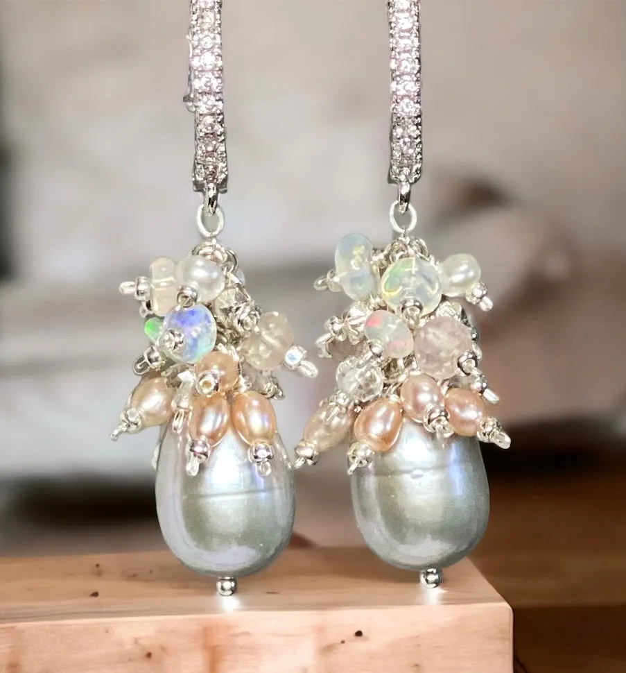 Silver Gray Pearl Earrings with Opal Clusters Sterling Silver