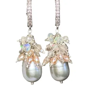 Silver Gray Pearl Earrings with Opal Clusters Sterling Silver