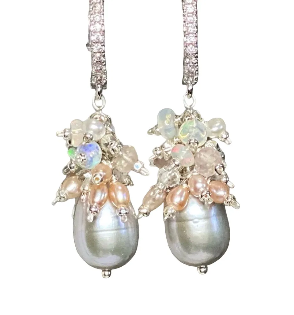 Silver Gray Pearl Earrings with Opal Clusters Sterling Silver