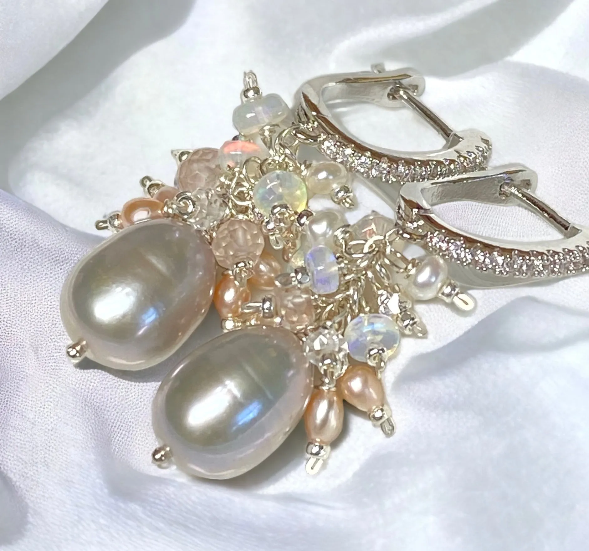 Silver Gray Pearl Earrings with Opal Clusters Sterling Silver