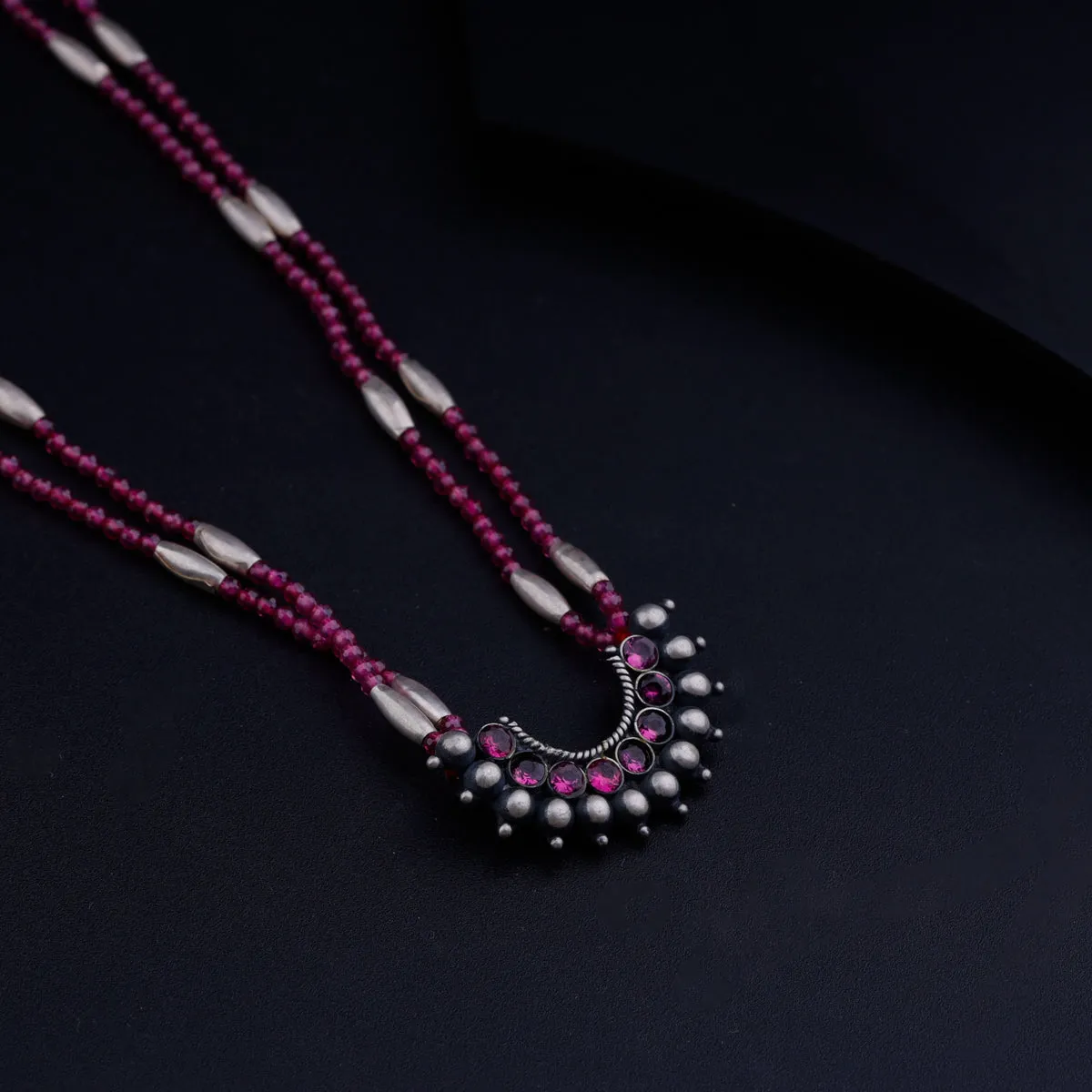 Silver Rice Bead Half Chakra Pink Karwar Pendant Necklace with Ruby