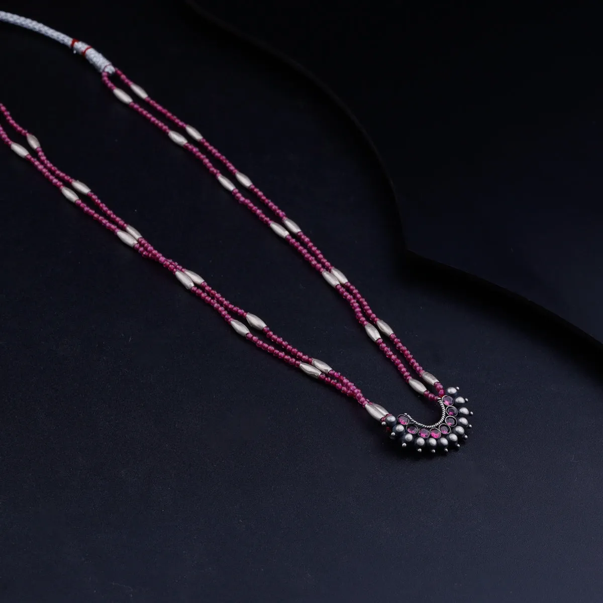 Silver Rice Bead Half Chakra Pink Karwar Pendant Necklace with Ruby