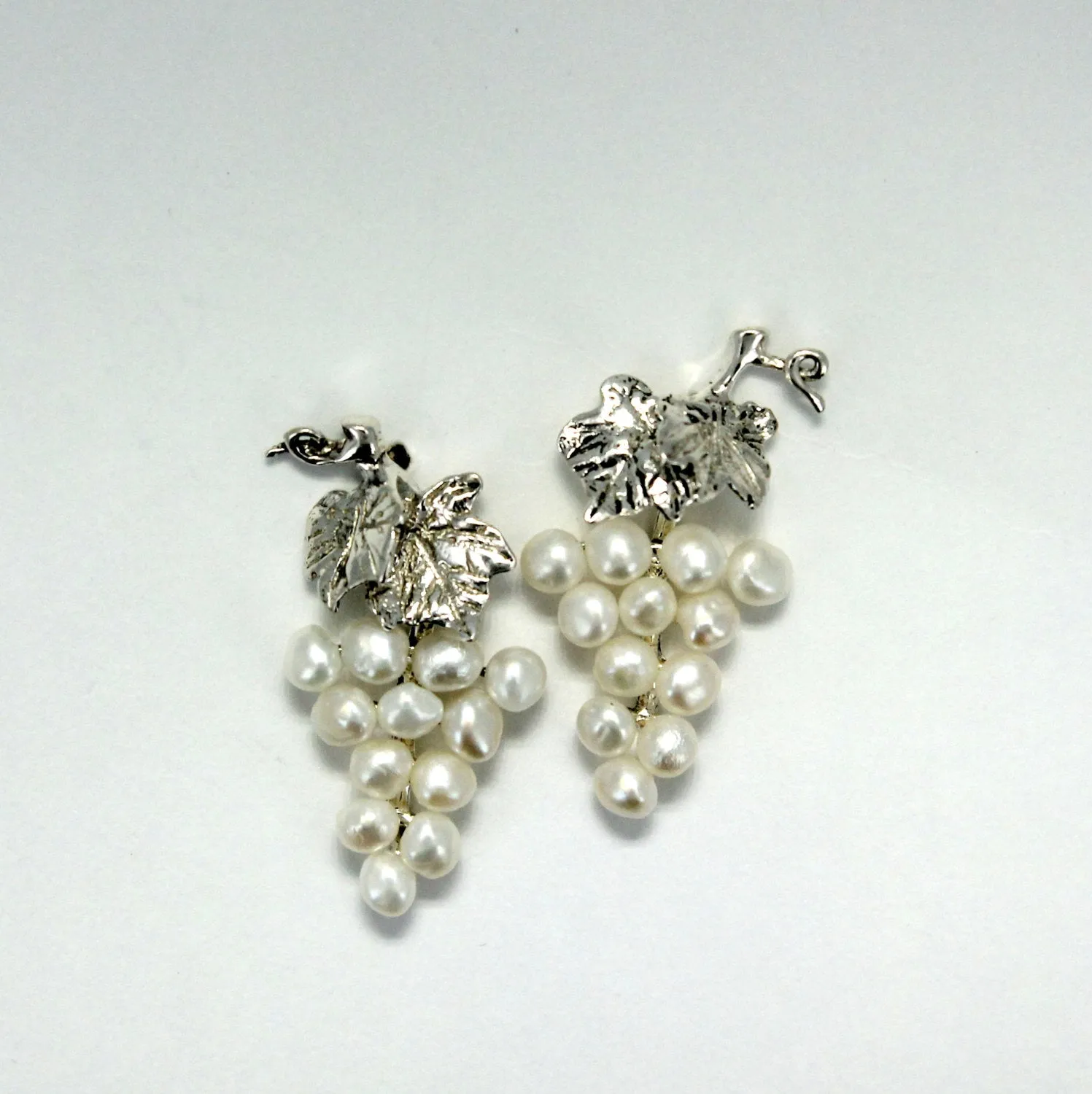 Small Two Leaf 925 Sterling Silver White Pearl Grape Cluster Earrings, Grape Jewelry gift for her