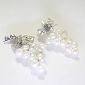 Small Two Leaf 925 Sterling Silver White Pearl Grape Cluster Earrings, Grape Jewelry gift for her