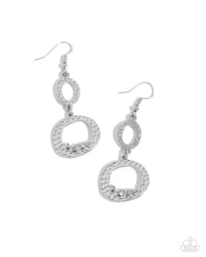 So Unexpected - White - Rhinestone Sprinkled Asymmetrical Silver Hoops Paparazzi Fishhook Earrings