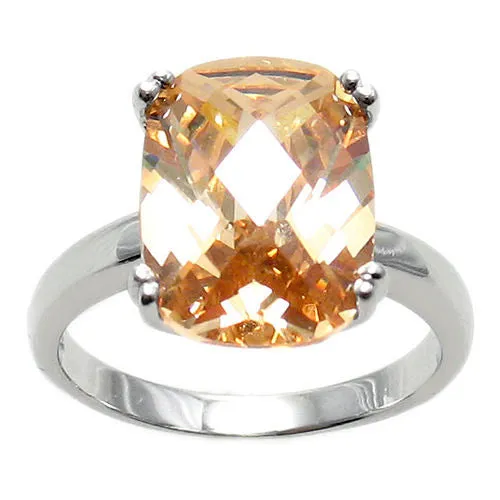 Spectacular Ring with Champagne Colored Rectangular 10x14mm CZ Solitaire in Sterling Silver.