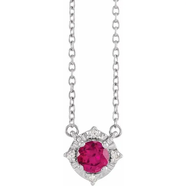 Sterling Silver Lab-Grown Ruby & .04 CTW Natural Diamond Halo-Style 18" Necklace