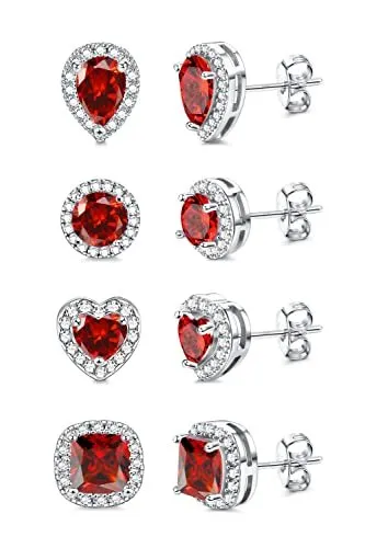 Sterling Silver Red Birthstone Stud Earrings - 4 Pack