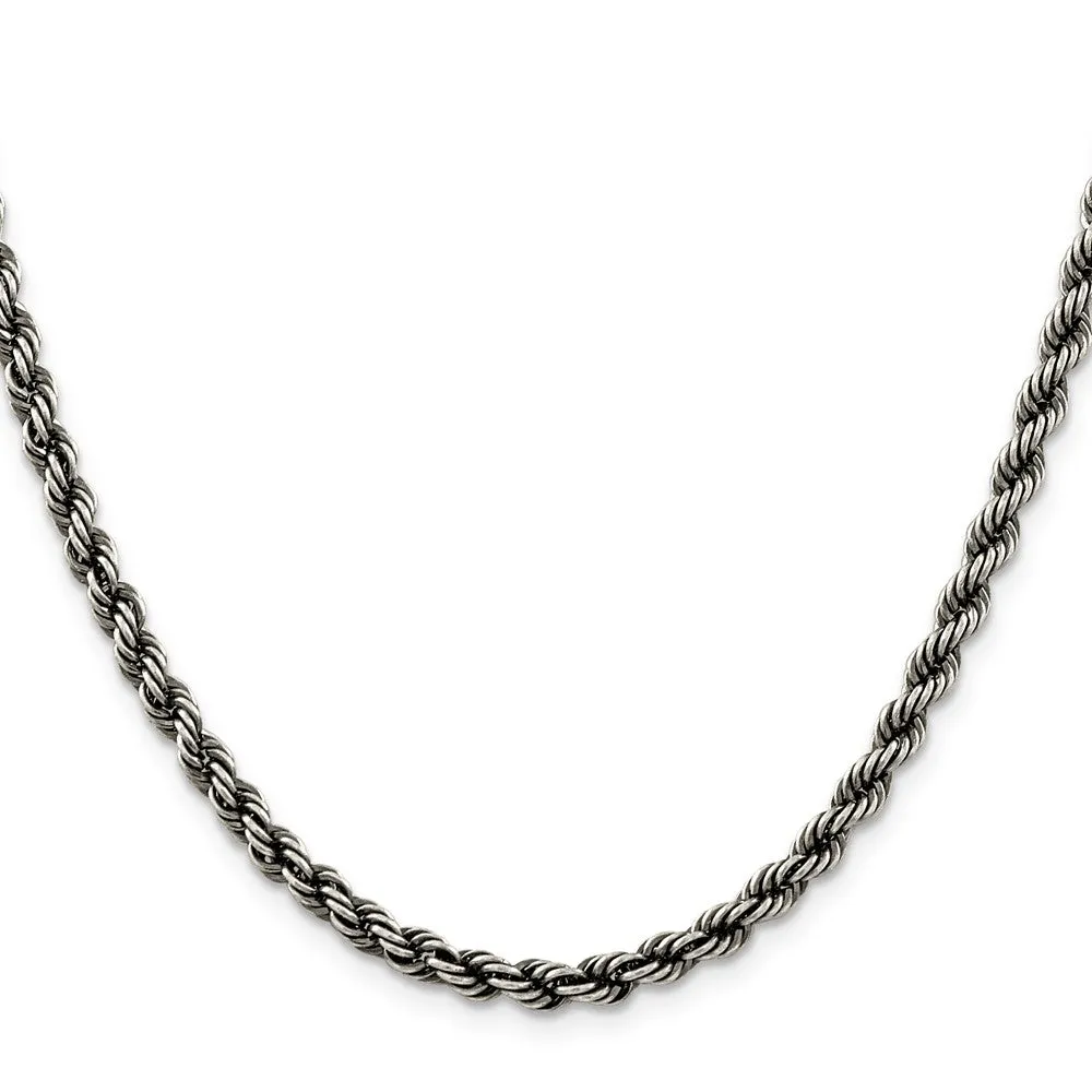 Sterling Silver Ruthenium-plated 4mm Rope Chain