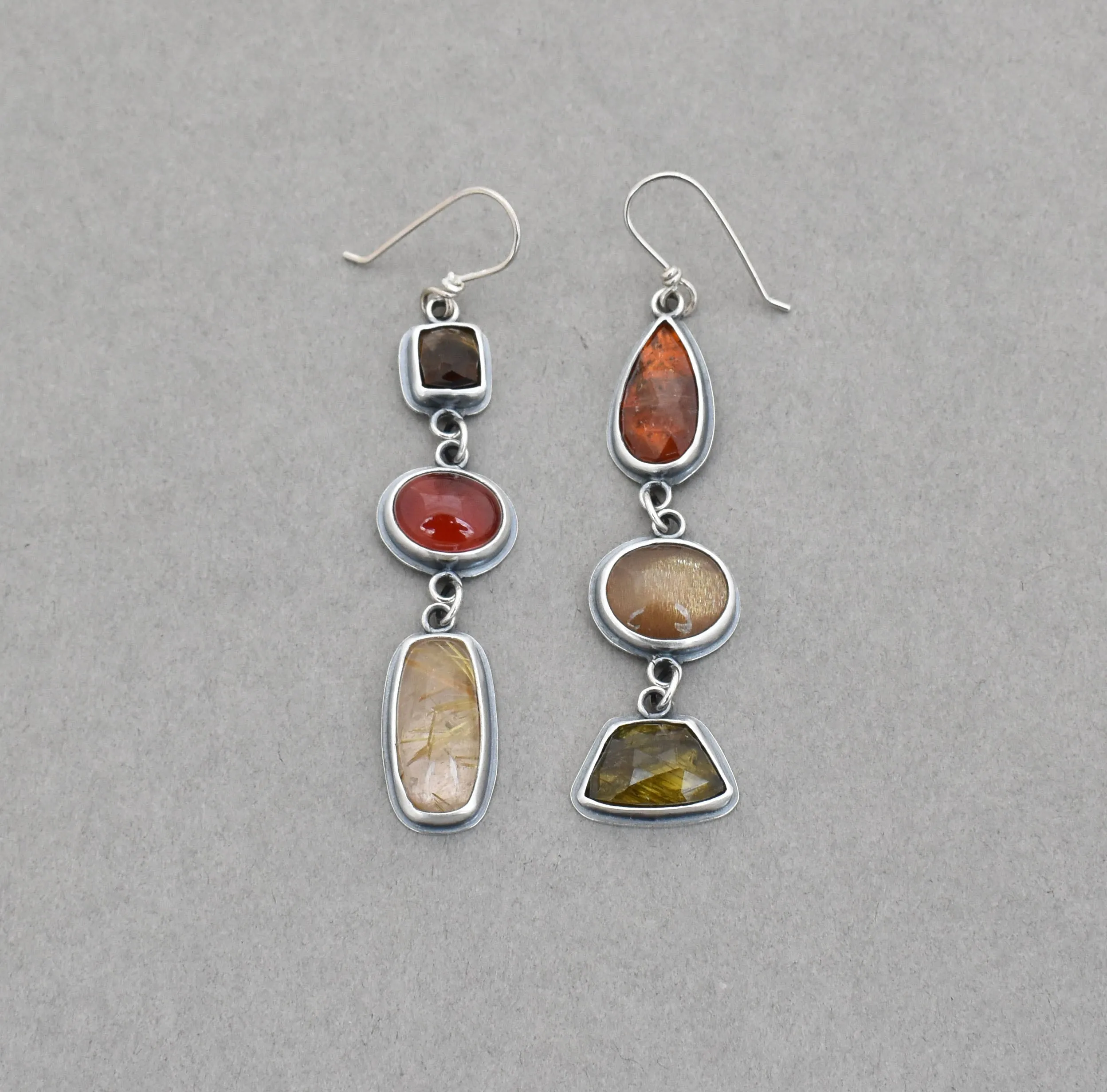 Tourmaline, Hessonite, Quartz, Kyanite, Iolite Dangle Earrings.