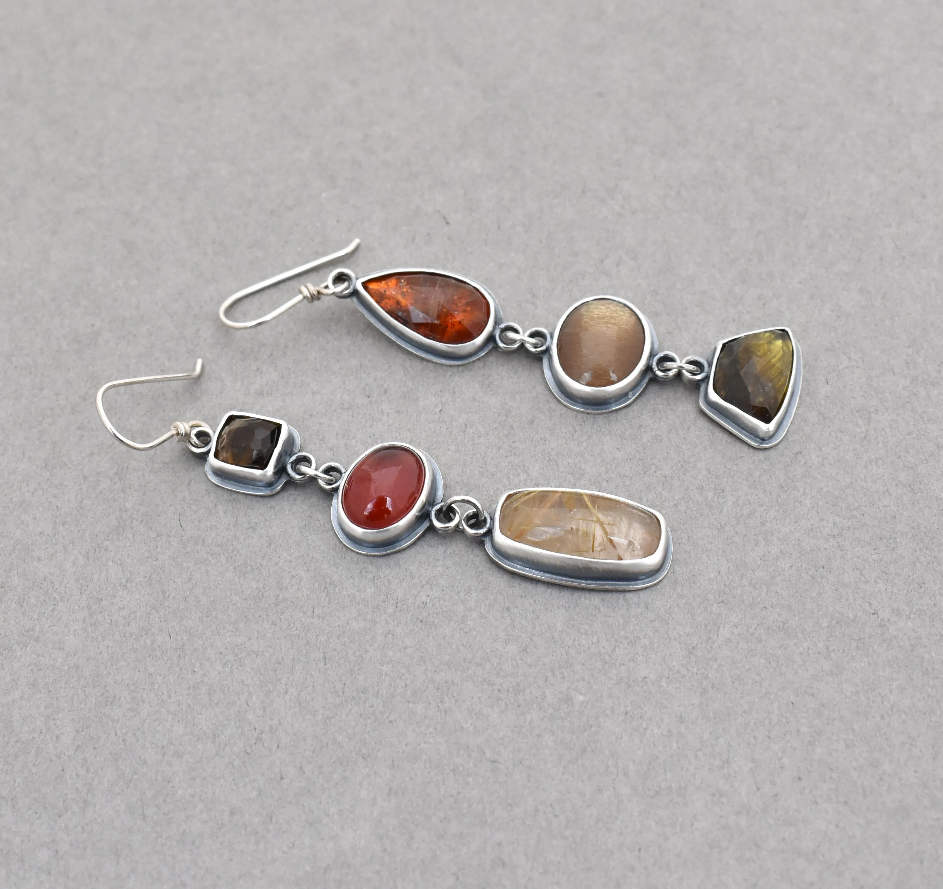 Tourmaline, Hessonite, Quartz, Kyanite, Iolite Dangle Earrings.