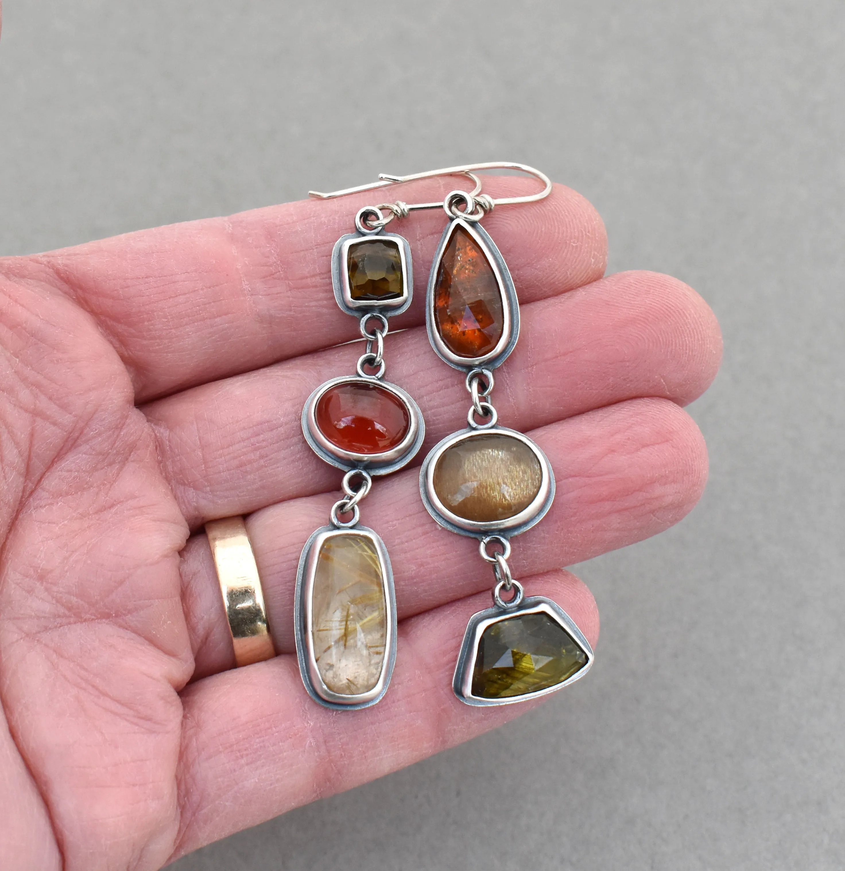 Tourmaline, Hessonite, Quartz, Kyanite, Iolite Dangle Earrings.