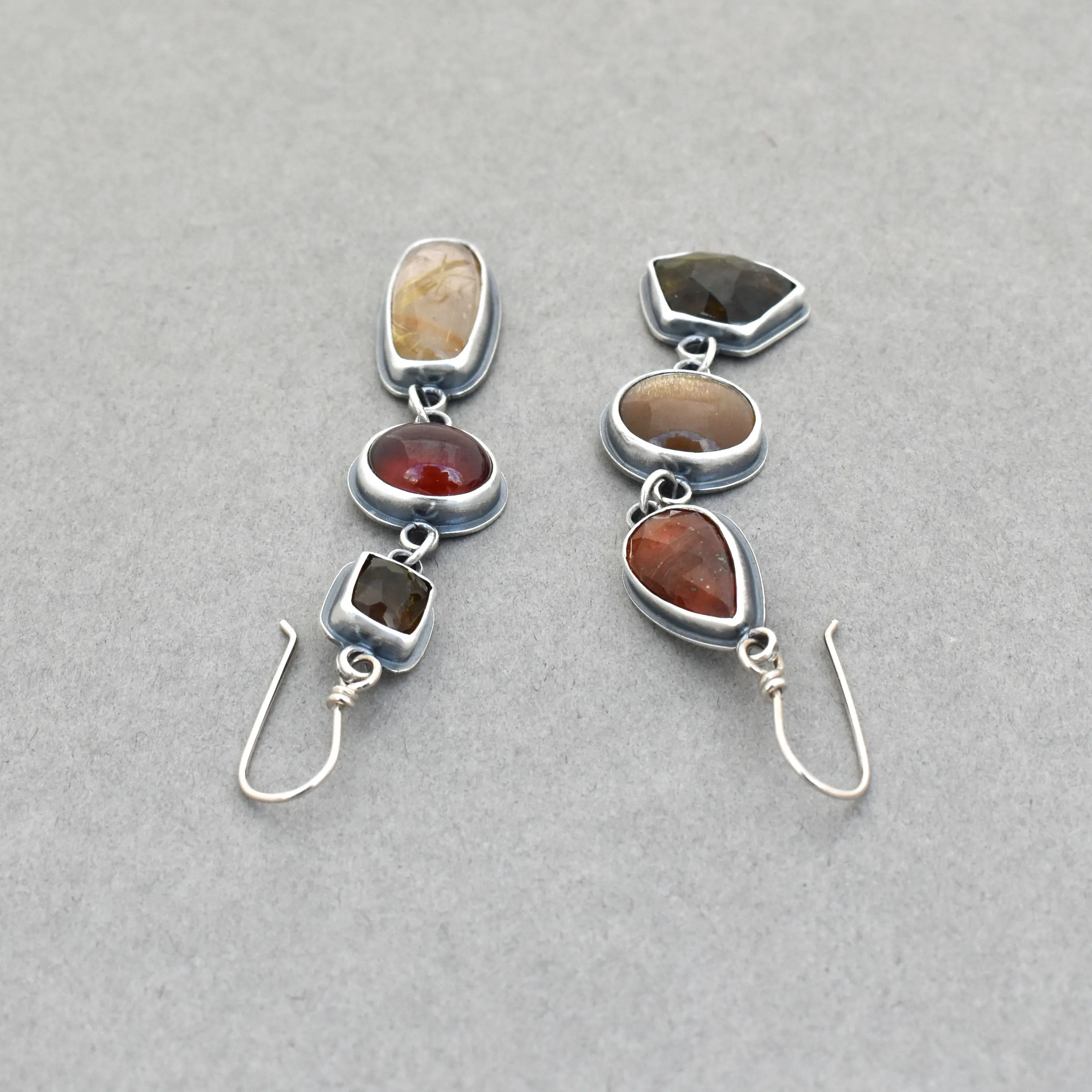 Tourmaline, Hessonite, Quartz, Kyanite, Iolite Dangle Earrings.