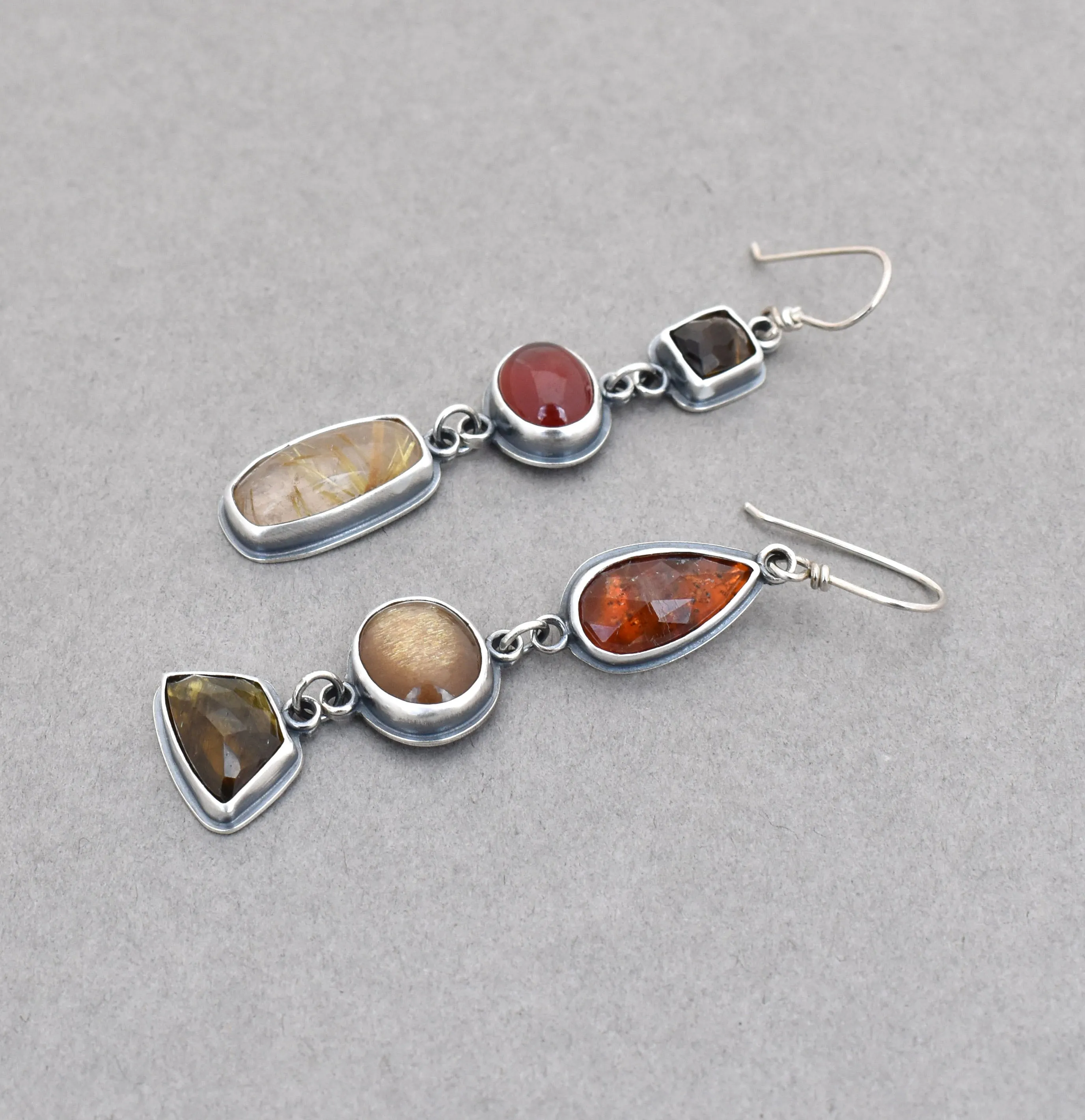 Tourmaline, Hessonite, Quartz, Kyanite, Iolite Dangle Earrings.