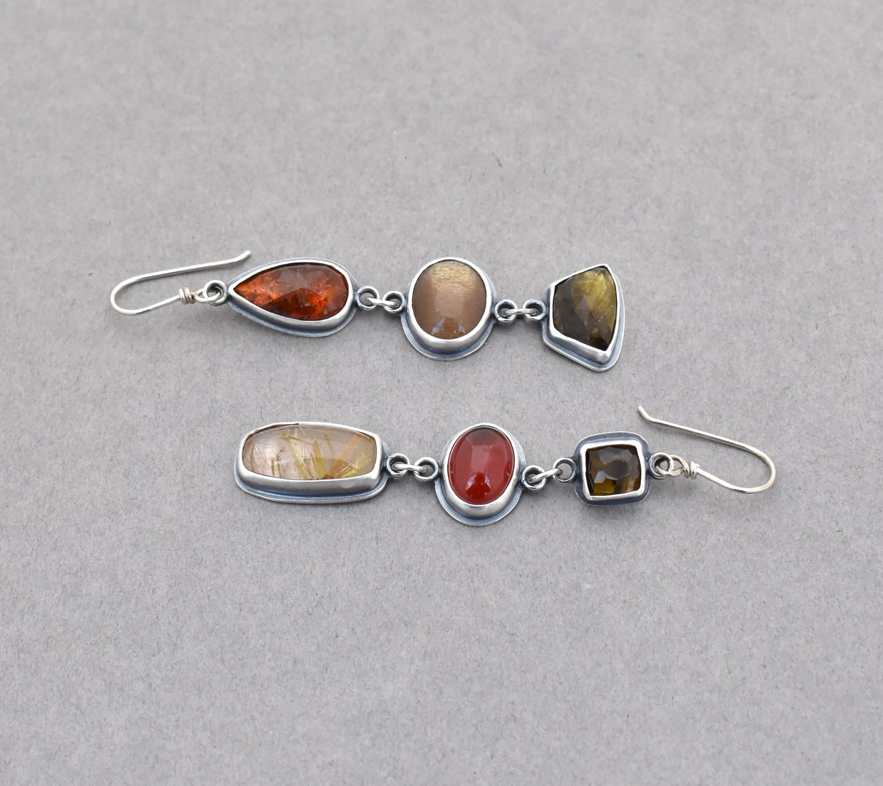 Tourmaline, Hessonite, Quartz, Kyanite, Iolite Dangle Earrings.