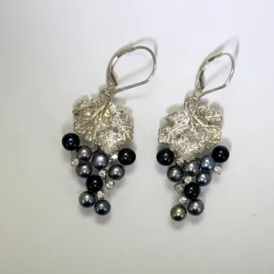 Two Leaf Sterling Silver Black Pearl CZ Dangle Grape Cluster Earrings