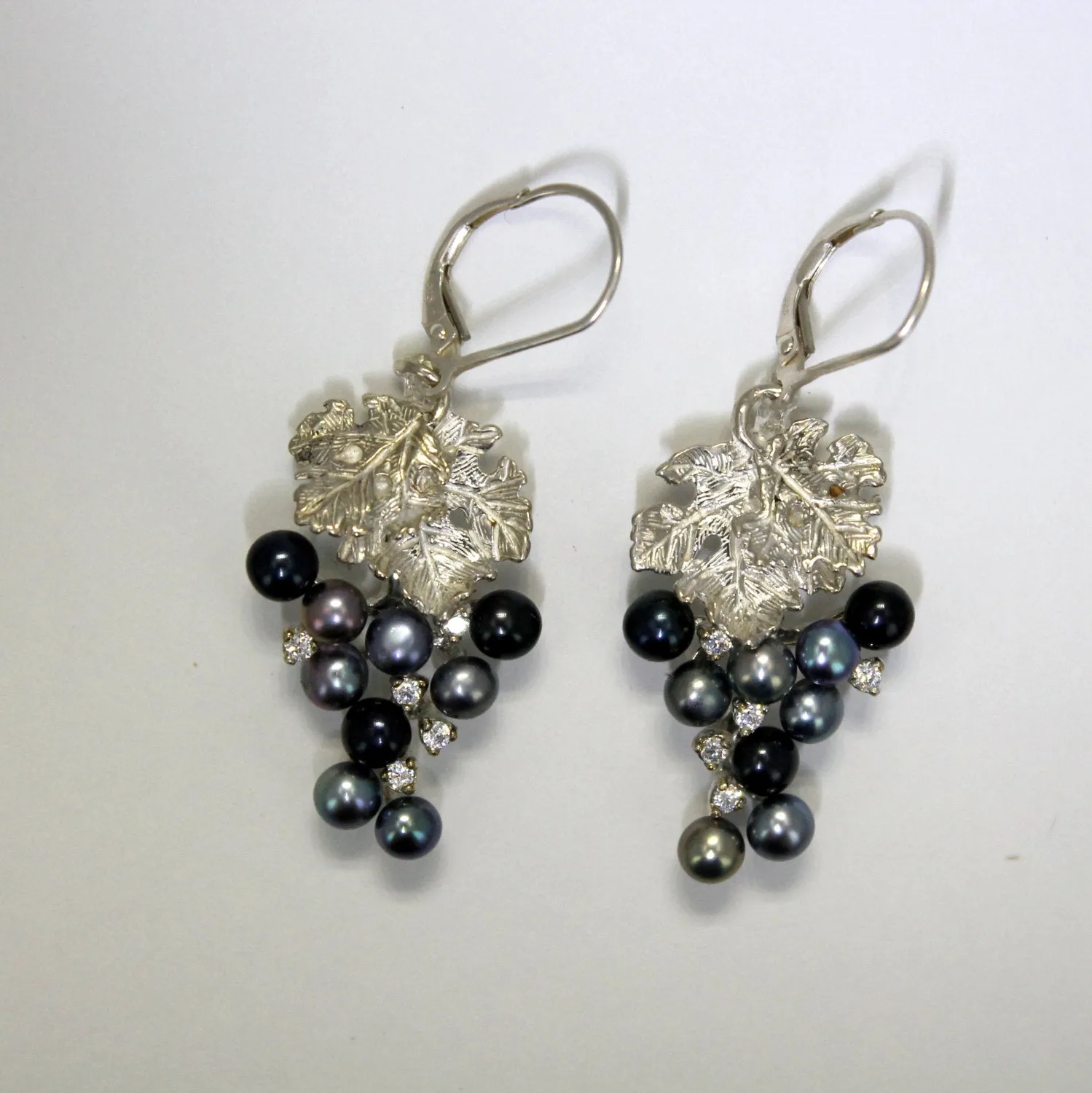 Two Leaf Sterling Silver Black Pearl CZ Dangle Grape Cluster Earrings