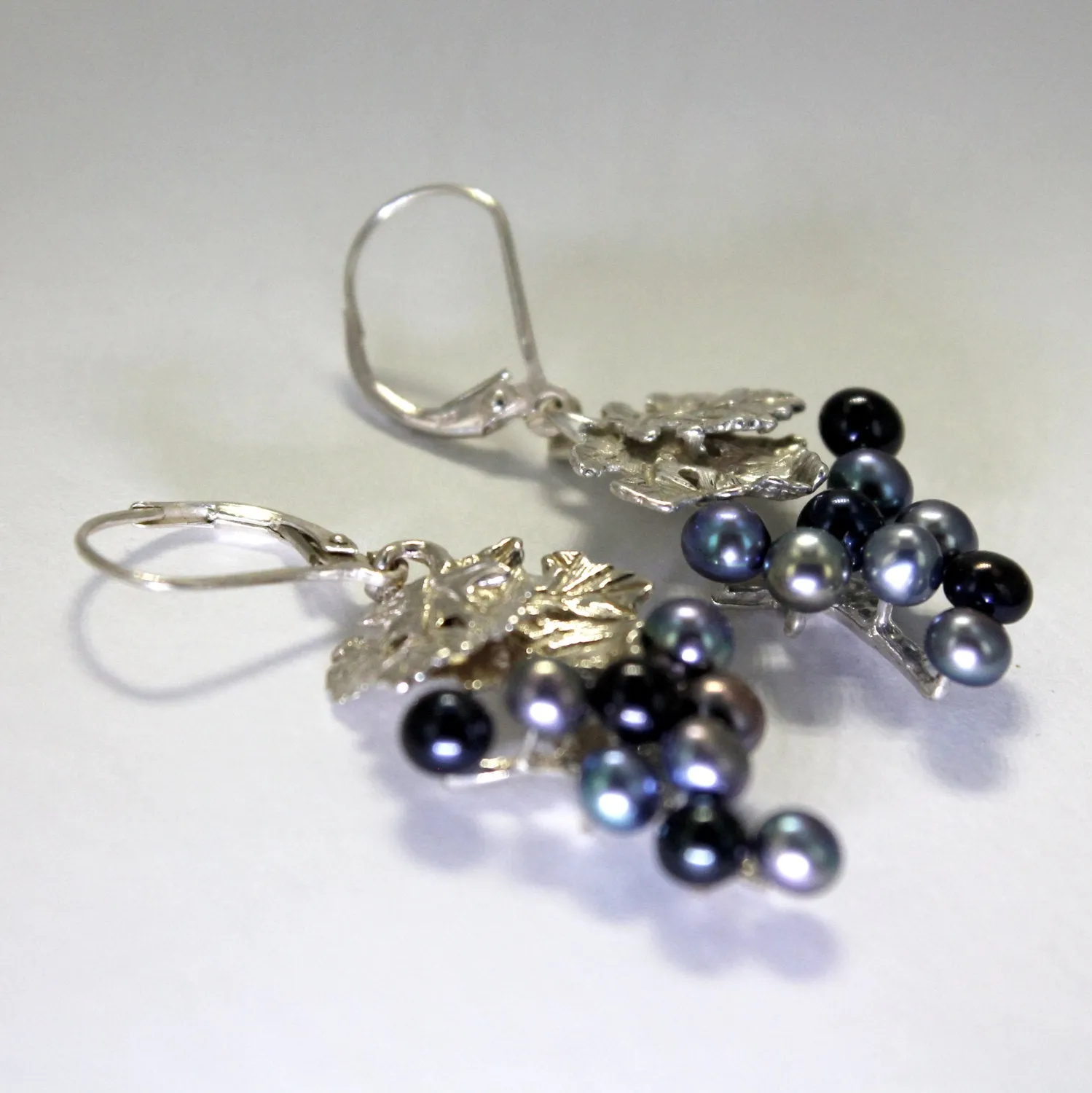 Two Leaf Sterling Silver Black Pearl Dangle Grape Cluster Earrings