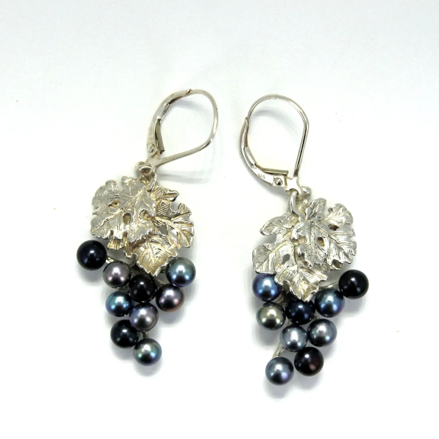 Two Leaf Sterling Silver Black Pearl Dangle Grape Cluster Earrings