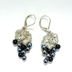 Two Leaf Sterling Silver Black Pearl Dangle Grape Cluster Earrings