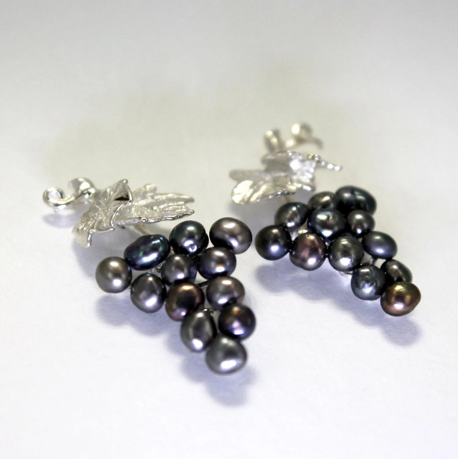 Two Leaf Sterling Silver Black Pearl Grape Cluster Earrings