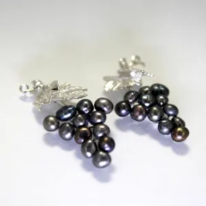 Two Leaf Sterling Silver Black Pearl Grape Cluster Earrings