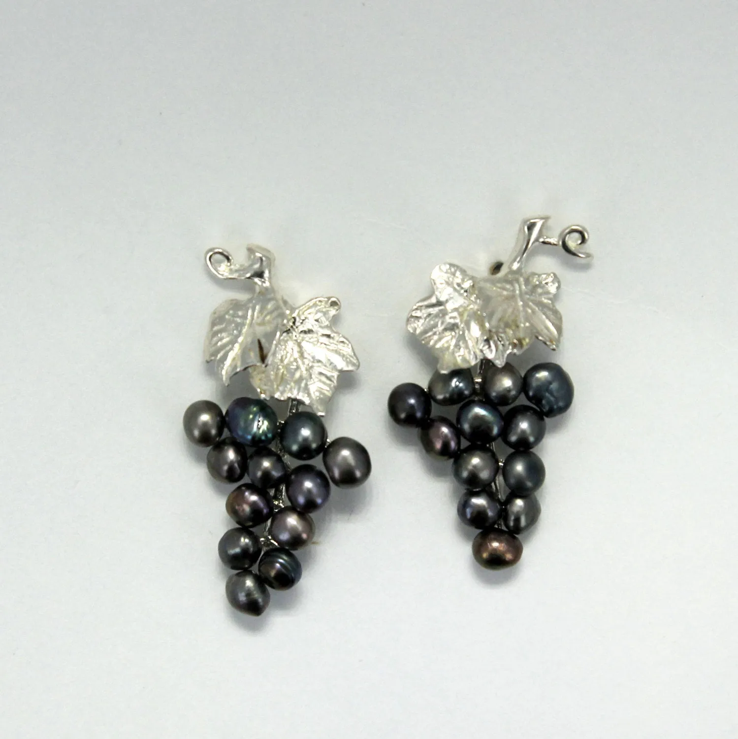 Two Leaf Sterling Silver Black Pearl Grape Cluster Earrings