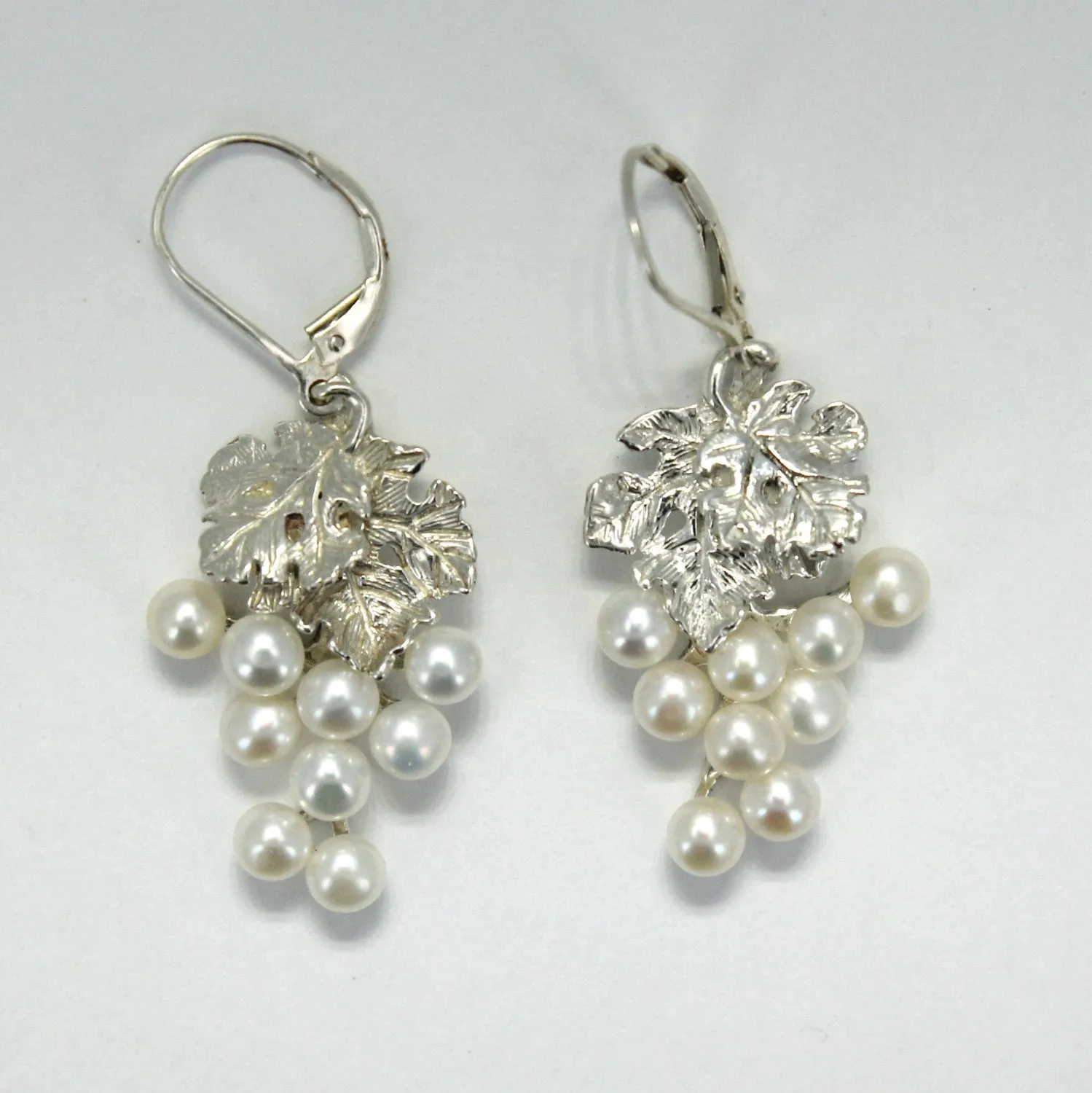 Two Leaf Sterling Silver White Pearl Dangle Grape Cluster Earrings