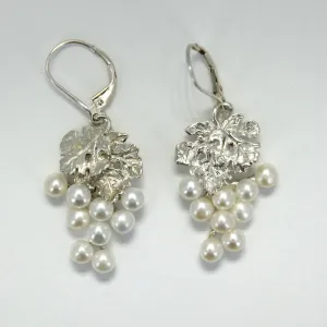 Two Leaf Sterling Silver White Pearl Dangle Grape Cluster Earrings