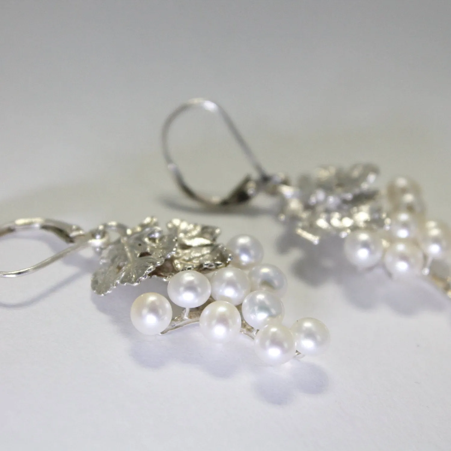 Two Leaf Sterling Silver White Pearl Dangle Grape Cluster Earrings