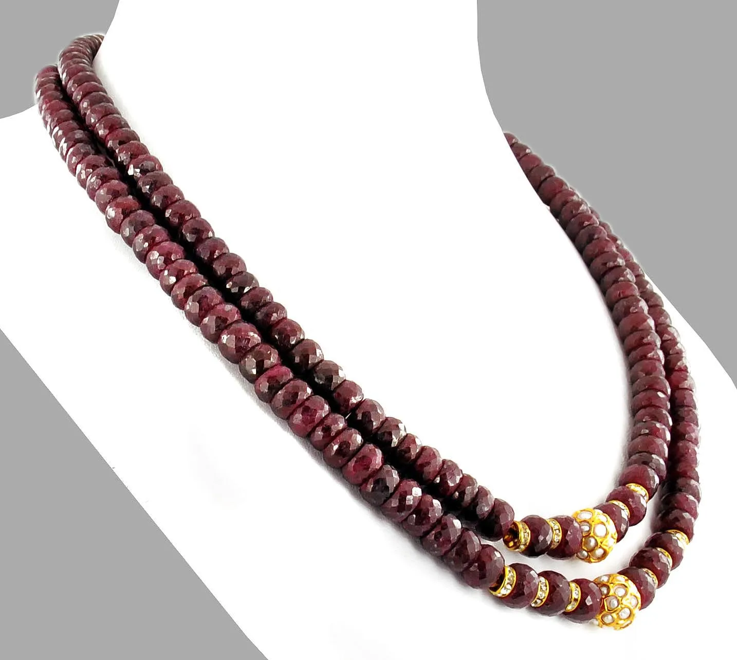 Two Row 7-8 mm, Ruby Gemstone Necklace With Gold Plated Beads